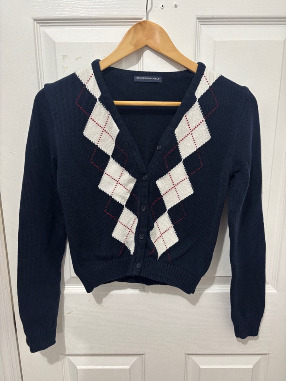 Brandy Melville Navy and White Argyle V-Neck Button Cardigan